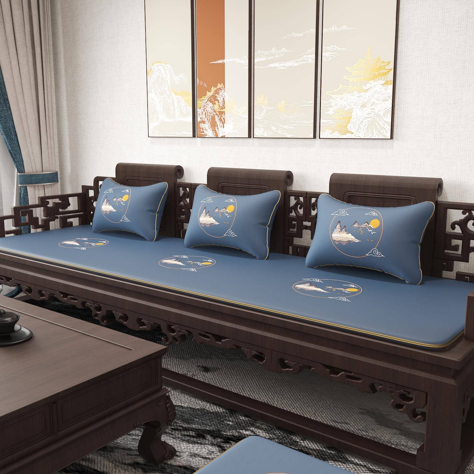 新中式红木沙发坐垫夏季凉席客厅实木椅子垫餐桌垫茶椅垫防滑定制 - 图0