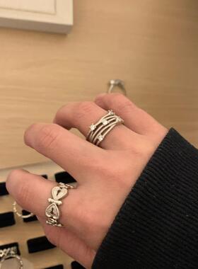 中古vintage咖啡金浮雕蕾丝花四叶草叠戴戒指女小众设计轻奢指环