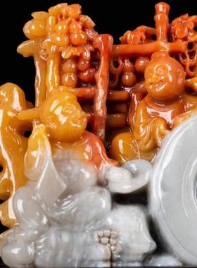 福建寿山石俏色巧雕财源滚滚摆件创意摆设家居客厅装饰原石工艺品