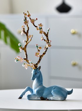 陶瓷梅鹿招财创意家居客厅吉祥动物红色鹿装饰品结婚送礼品