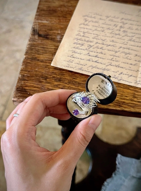 拉丝仿紫水晶碧玺彩宝石羽毛戒指vintage中古古董风凤尾食指指环