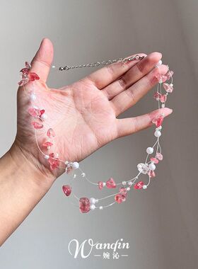 多巴胺粉色碎钻珍珠叠戴锁骨链