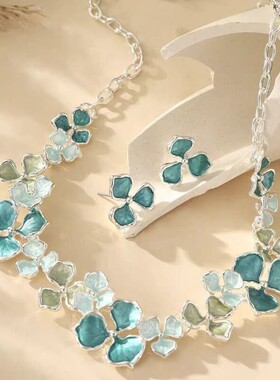 优雅珐琅项链耳饰套装蓝色花朵高级感金边气质百搭配饰锁骨链颈链