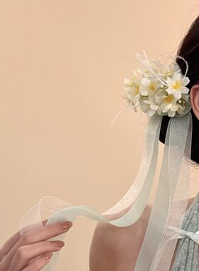 薄荷奶绿~超仙黄色花朵发夹女独特绝美蝴蝶结飘带侧边夹发卡头饰