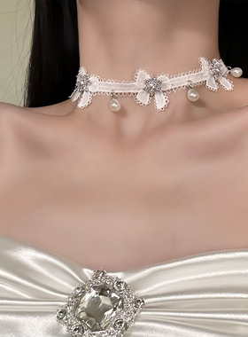 甜美芭蕾 白色蝴蝶结珍珠项链法式浪漫氛围感锁骨链choker颈链女