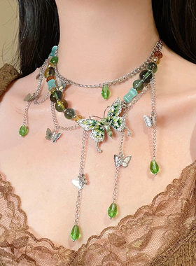 甜酷小众绿色蝴蝶水晶流苏项链女气质多层长款彩色玻璃串珠锁骨链