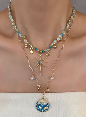 波西米亚风贝类串珠蝴蝶中式项链choker度假小众辣妹锁骨链高级感