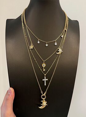 vintage古着金色月亮十字架项链女款多层叠戴锁骨链波西米亚颈链
