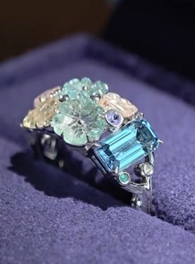 「繁华似锦」小众设计清冷感海蓝宝色团花戒指高级感食指戒指环女