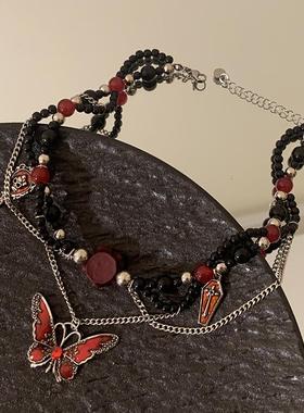 万圣节暗黑系猩红蝴蝶choker项链复古哥特朋克风甜酷渐变辣妹颈链