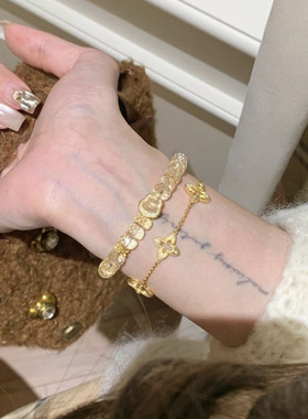 「八方来财」中古布契风镂空闪钻四芒星手链女轻奢千金感叠戴手饰