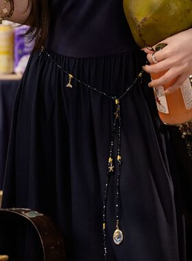 vintage中古风长款多层串珠项链毛衣链 金币吊坠炫黑时尚复古腰链