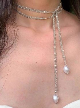 银白色蕾丝链条缠绕项链女款高级感冷淡风长款叠戴仿珍珠锁骨颈链