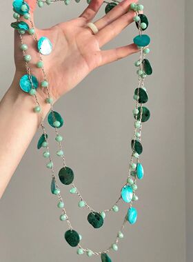 复古小众绿色仿贝壳项链女波西米亚民族风长款叠戴毛衣链多戴法