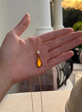 「黄昏落日」复古四叶花金色水滴项链新中式时尚气质高级感锁骨链