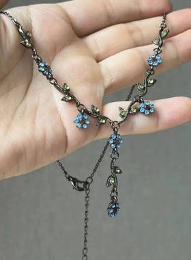 复古蓝色藤蔓小花流苏项链中古vintage做旧设计感锁骨链叶子吊坠