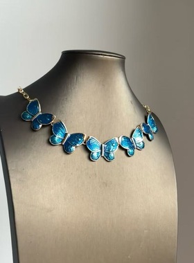 蓝色海洋中古复古蝴蝶滴油项链高级感小众设计礼服配饰派对锁骨链