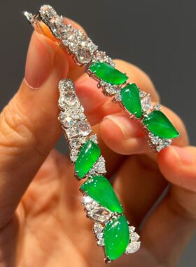 高冰高透！新中式国风闪钻仿帝王绿玉髓耳钉气质显白重工耳饰轻奢