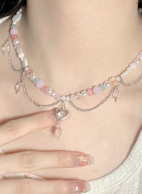 海盐荔枝~ins同款设计糖果色甜辣妹甜美清新猫眼爱心百搭串珠项链