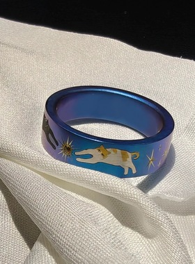 vintager中古【双猫摘星】宽面炫彩蓝戒指星芒食指戒小众设计感