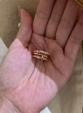 环环相扣粉钻三环戒指复古甜酷满钻双圈指环简约叠戴显手细食指戒