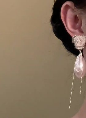 法式浪漫玫瑰气质耳环长款流苏耳钉轻奢高级感耳坠时尚金色耳饰女