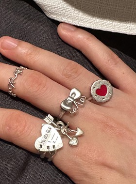 小众款！复古日韩ins风银色爱心叠戴戒指女小众设计开口指环简约