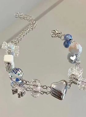 千禧辣妹串珠蓝色糖果手链女爱心金属感可爱甜妹手串潮手环ins风