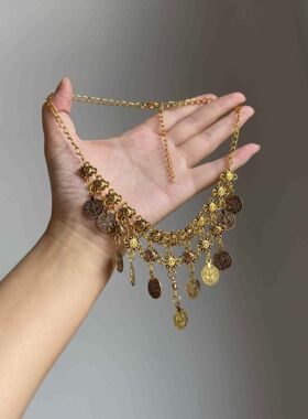 波西米亚金色圆牌多流苏项链小众美式辣妹度假风高级感双层锁骨链