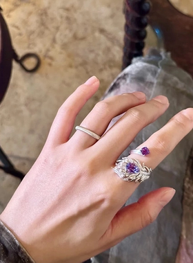 高级定制系列！轻奢风羽翼银色双开口紫色锆石戒指女高级感食指戒