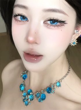 冷清蓝色水晶花朵项链女短款锁骨链轻奢重工新款晚礼服颈链配饰