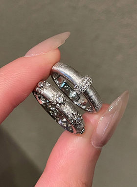 中古拉丝芒星排钻戒指女轻奢高级感复古时尚食指戒2025年新款指环