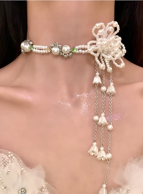 法式复古铃兰花朵流苏珍珠项链女小众轻奢精致锁骨链耳环新款配饰