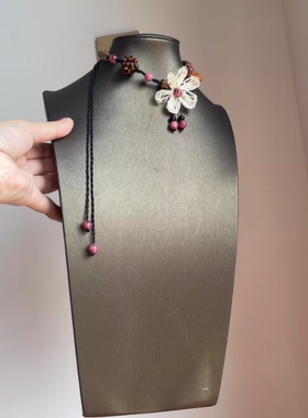 复古胭脂粉串珠编织花朵项链清冷感艺术国风ins麻花链高级感颈链