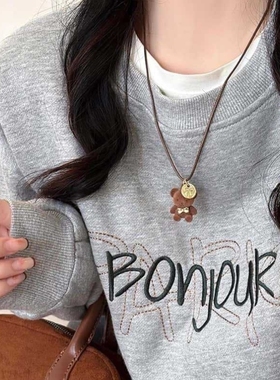 毛绒小熊吊坠项链2025新款爆款锁骨链女皮绳毛衣链轻奢高级感配饰