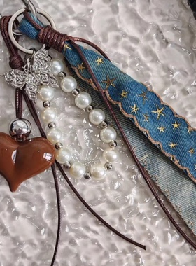 复古甜酷牛仔蓝银爱心包挂件