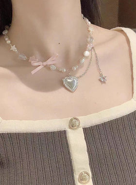 爱心珍珠锁骨链2025新款多巴胺