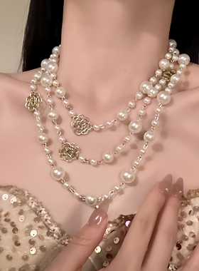 双层叠戴长款珍珠项链女款2025新款爆款锁骨链女轻奢小众颈链配饰