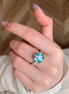 【闪钻幽光】韩系绿钻爆闪方糖戒指复古重工高级感食指戒气质指环