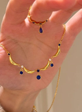 复古宫廷风克莱因蓝宝石流苏项链