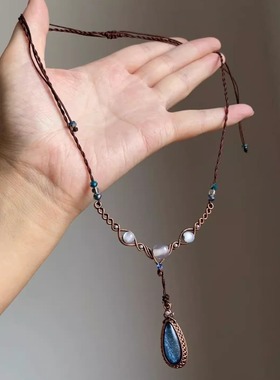 【海神泪】精灵系蓝色水滴吊坠手工编绳串珠项链女波西米亚锁骨链