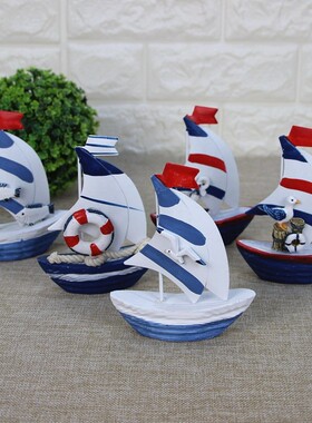 地中海风格铁皮小帆船家居装饰迷你船形小海洋风拍摄道具