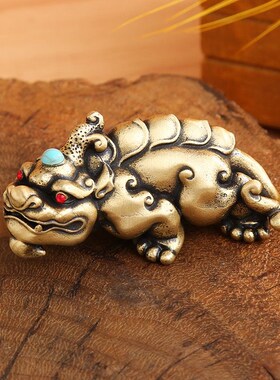 纯铜实心带钻大貔貅摆件守财手把件古玩复古做旧貔貅铜器
