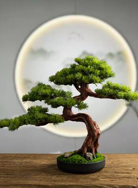 仿真迎客松盆景 实木假松树室内玄饰 酒店用绿色假罗汉松