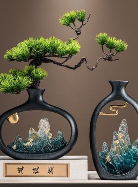 新迎客松瓶客厅玄关电视柜博古架装饰品办公室乔迁礼品