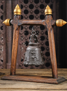 东南亚家具浮雕木质铜铃铛 泰国工艺品实木雕刻创意摆饰