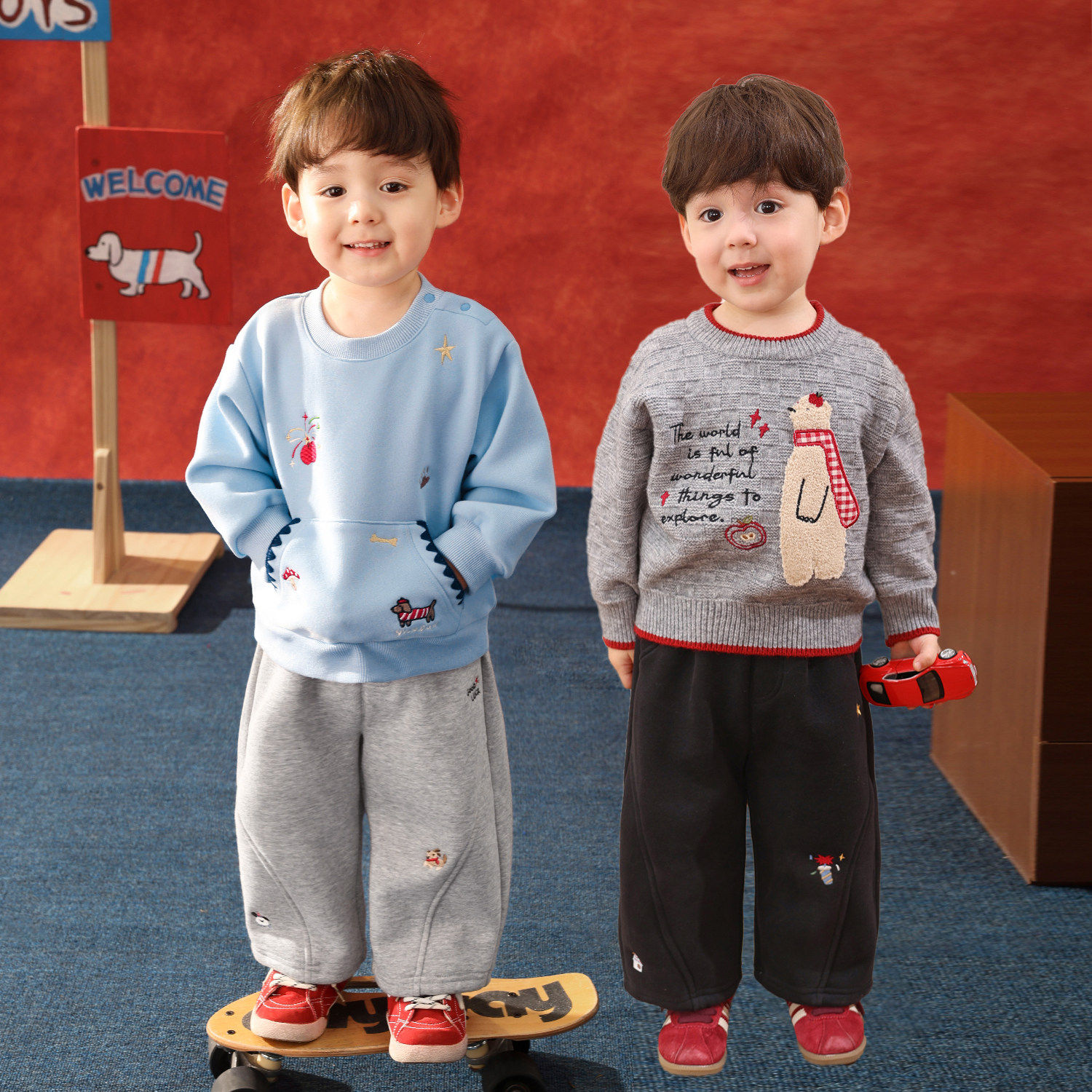 小O爸婴童 宝宝加绒裤子男童冬季2025年新款婴儿红色新年卫裤子,淘宝优惠券,粉丝福利购,淘宝优惠卷