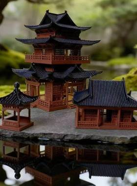 古建筑模型小房子摆件水陆鱼缸盆景假山古风微景观造景亭子diy