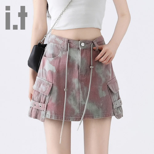 it ccaabb高腰辣妹工装牛仔裙女百搭设计感A字迷彩短裙夏季新款K - 图1