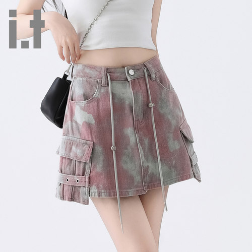 it ccaabb高腰辣妹工装牛仔裙女百搭设计感A字迷彩短裙夏季新款K - 图0